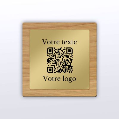 Plaque QR Code - Carré - Chêne + aspect laiton - QR Code en bois