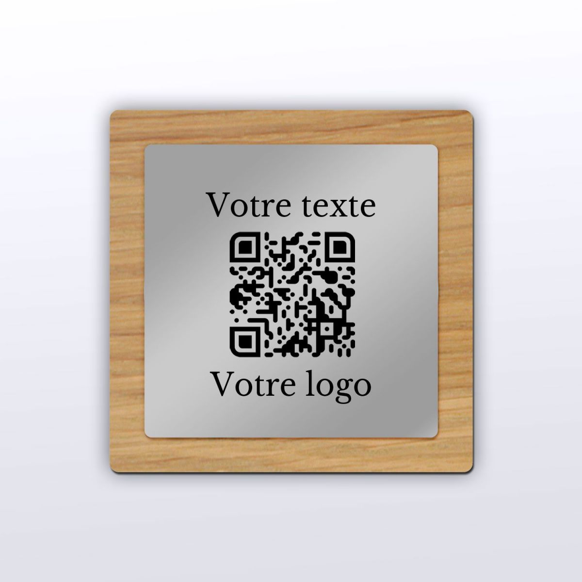 Plaque QR Code - Carré - Chêne + aspect inox - QR Code en bois