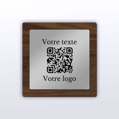 Plaque QR Code - Carré - Noyer + aspect inox - QR Code en bois