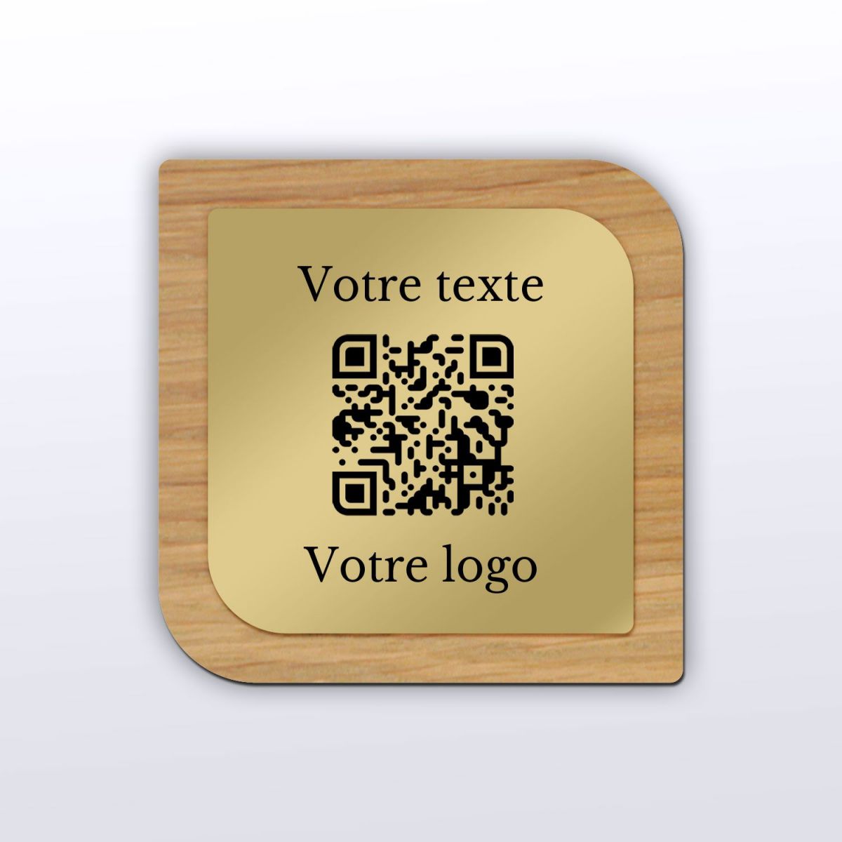 Plaque QR Code - Etiquette - Chêne + aspect laiton - QR Code en bois