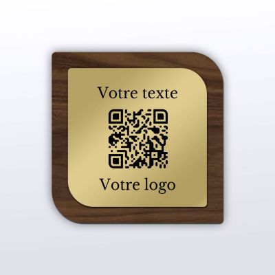 Plaque QR Code - Etiquette - Noyer + aspect laiton - QR Code en bois