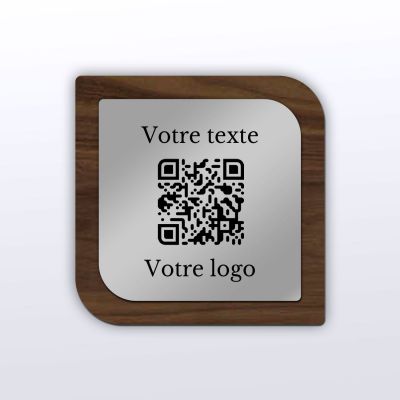 Plaque QR Code - Etiquette - Noyer + aspect inox - QR Code en bois