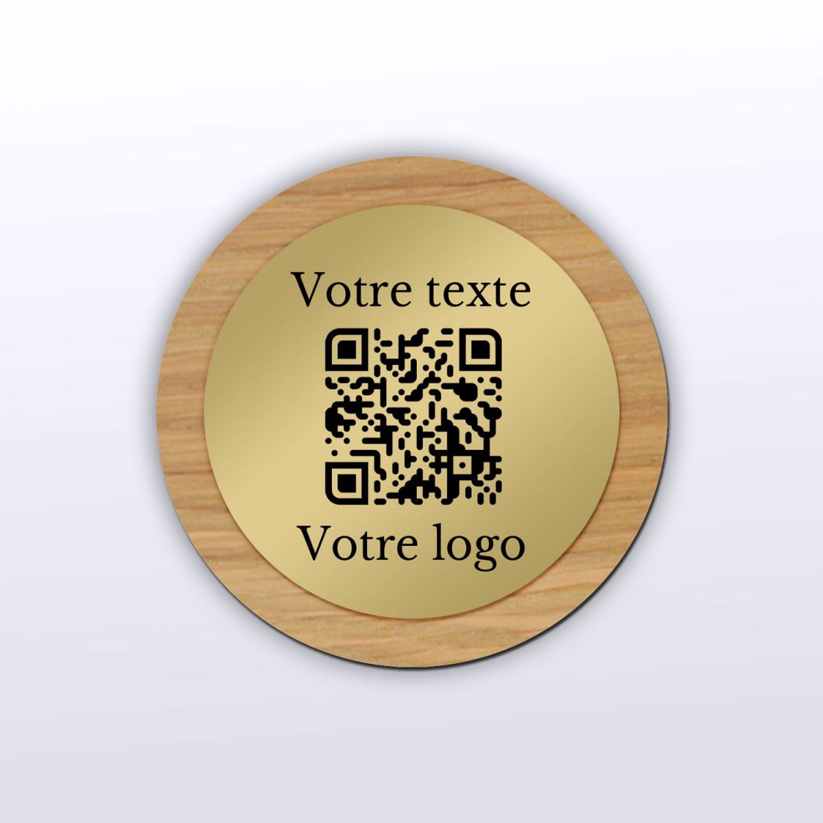 Plaque QR Code - Rond - Chêne + aspect laiton - QR Code en bois