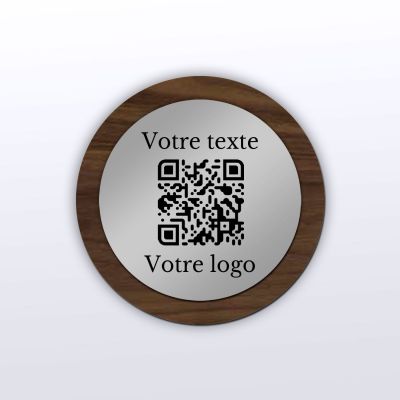 Plaque QR Code - Rond - Noyer + aspect inox - QR Code en bois