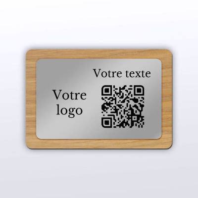 Plaque QR Code - Rectangle - Chêne + aspect inox - QR Code en bois