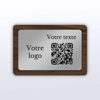 Plaque QR Code - Rectangle - Noyer + aspect inox - QR Code en bois