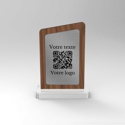 Chevalet noyer inox asymétrique - Support QR Code pour restaurant