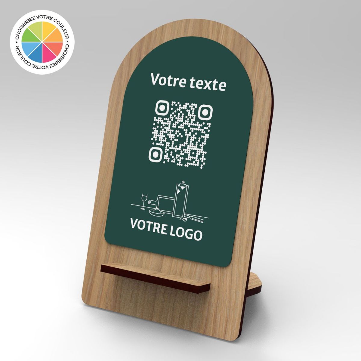 Présentoir chêne couleur arrondi - Support QR Code en bois pour restaurant