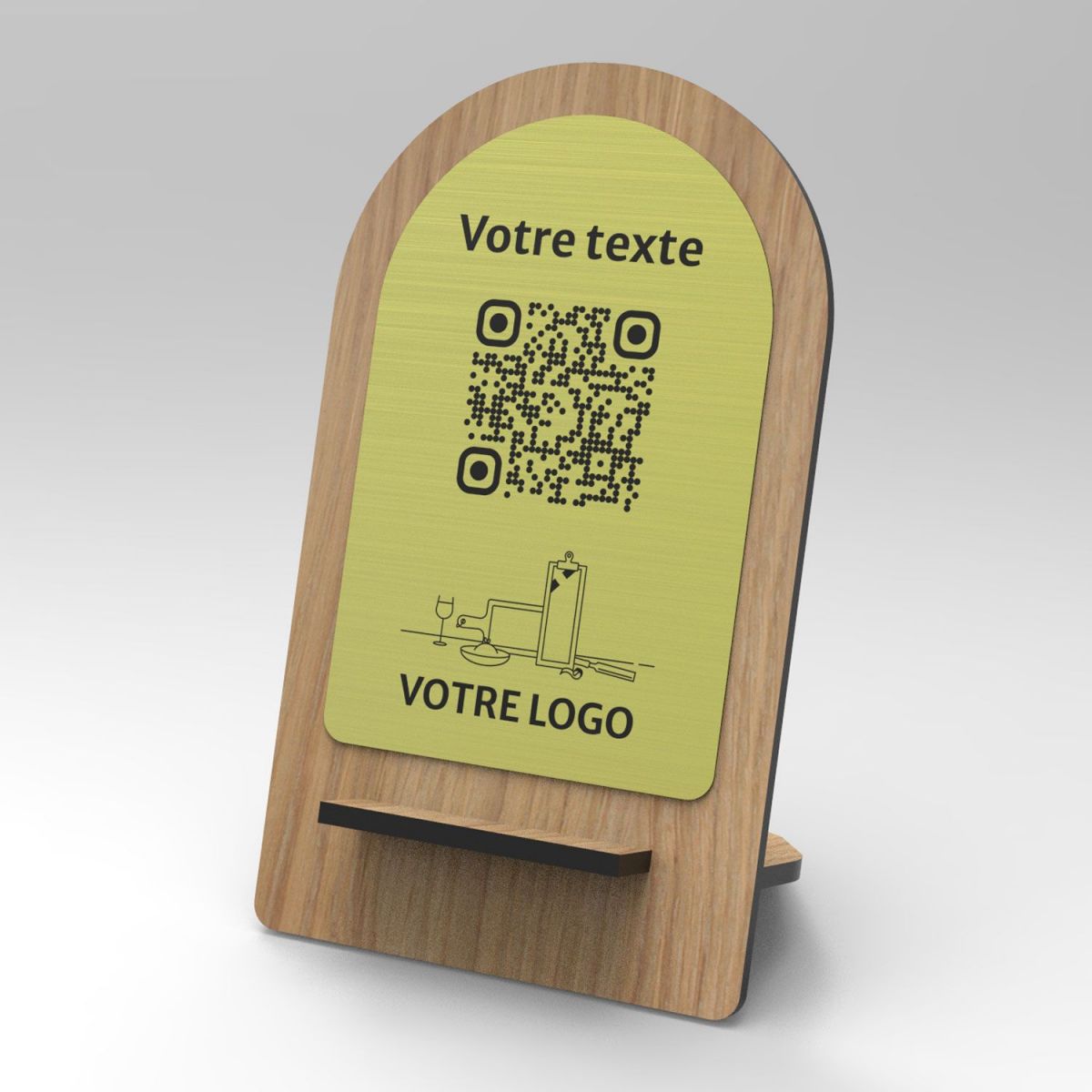 Présentoir chêne laiton arrondi - Support QR Code en bois pour restaurant