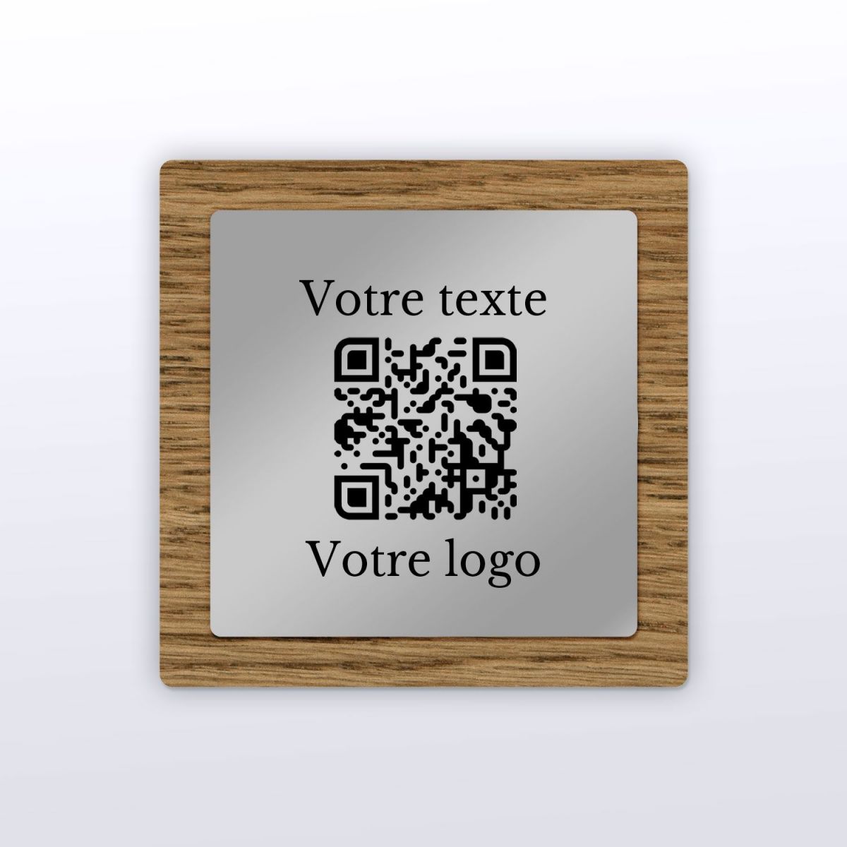 Plaque QR Code - Carré - Chêne + aspect inox - QR Code en bois