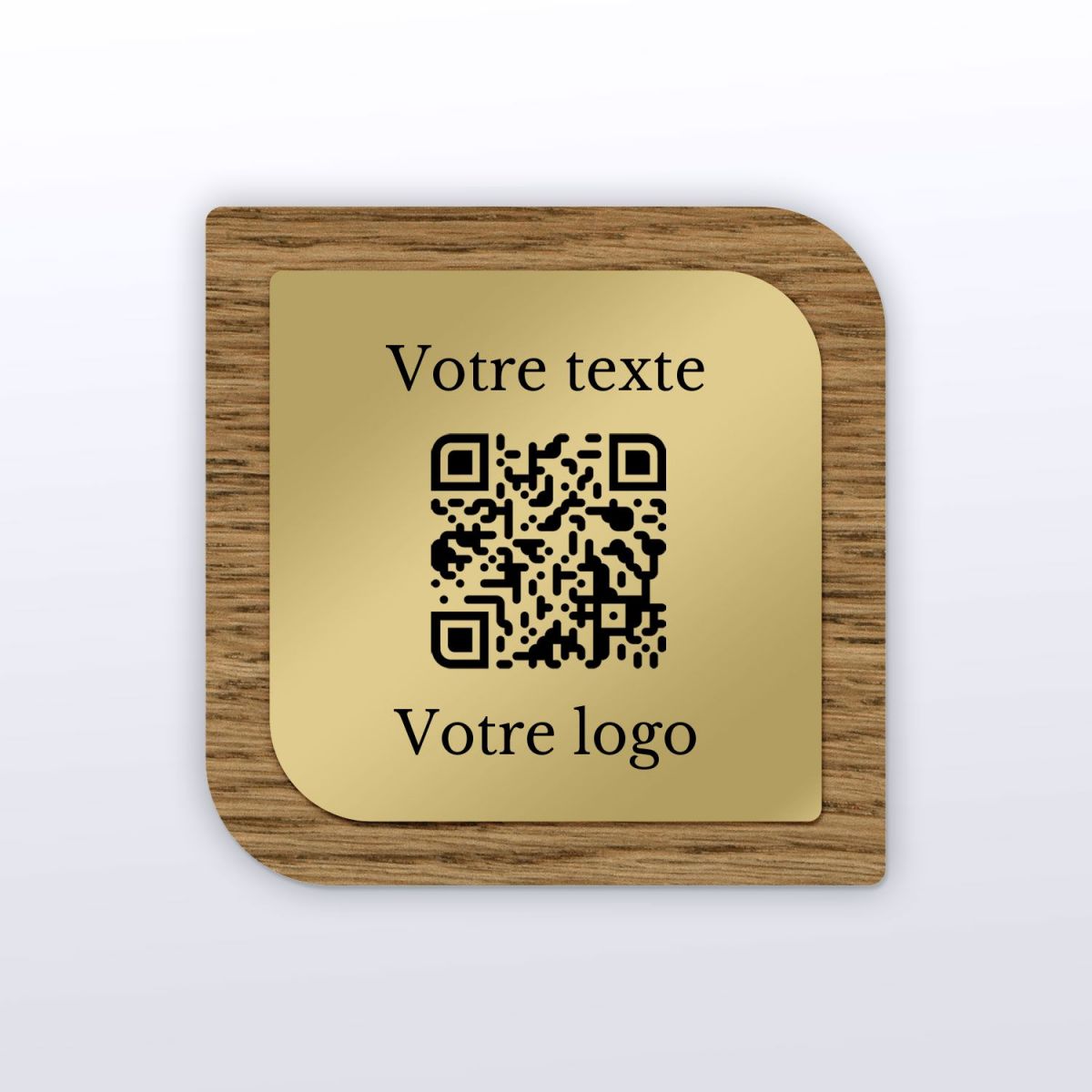 Plaque QR Code - Etiquette - Chêne + aspect laiton - QR Code en bois