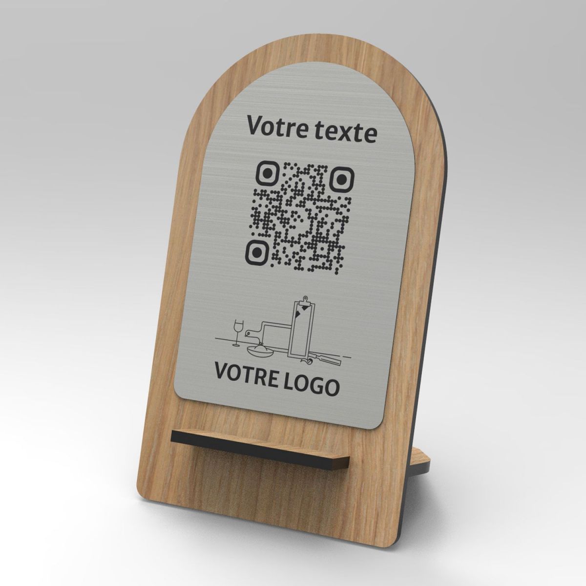 Présentoir chêne inox arrondi - Support QR Code en bois pour restaurant