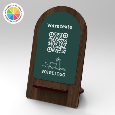 Présentoir noyer couleur arrondi - Support QR Code en bois pour restaurant