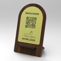 Présentoir noyer laiton arrondi - Support QR Code en bois pour restaurant