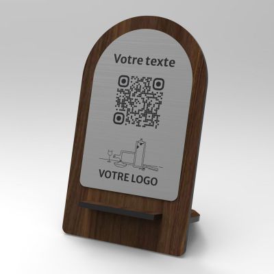 Présentoir noyer inox arrondi - Support QR Code en bois pour restaurant