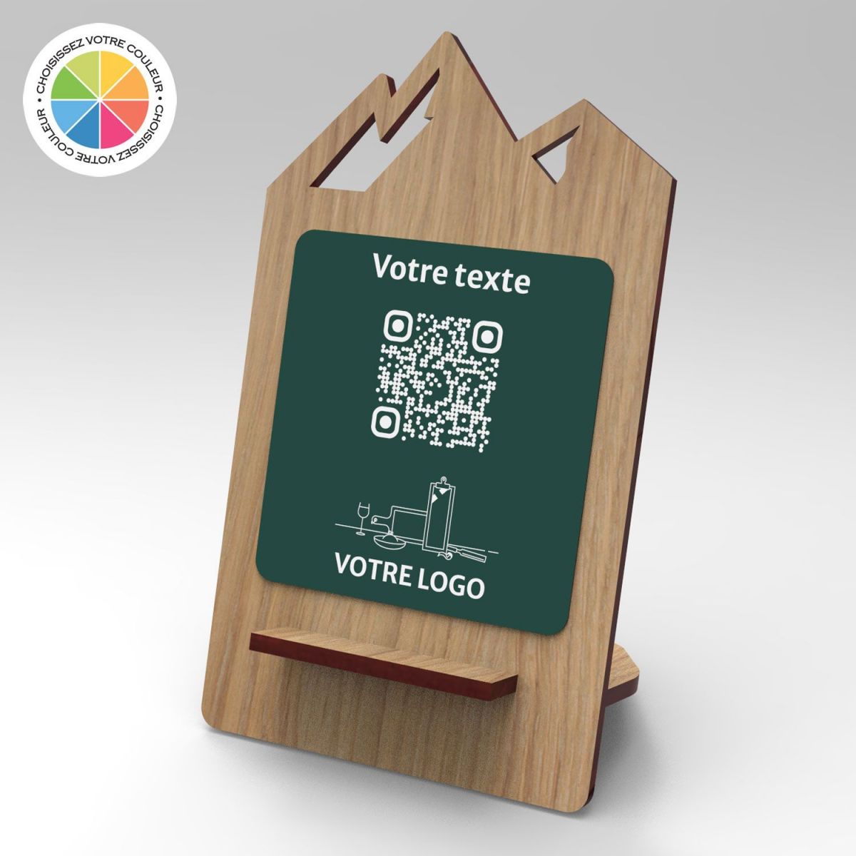 Présentoir chêne couleur montagne - Support QR Code en bois pour restaurant