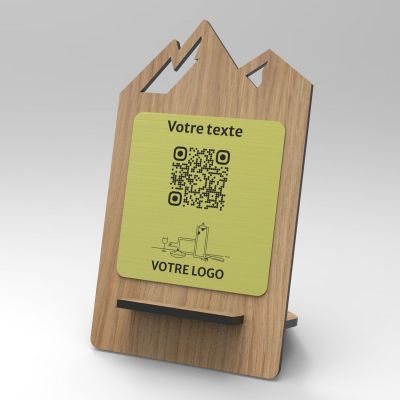 Présentoir chêne laiton montagne - Support QR Code en bois pour restaurant