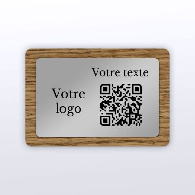 Plaque QR Code - Rectangle - Chêne + aspect inox - QR Code en bois