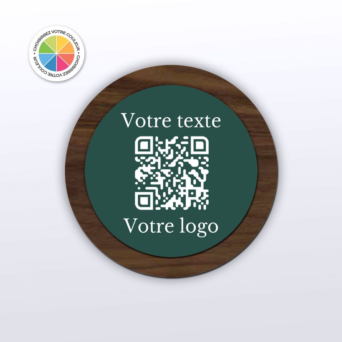 Plaque QR Code - Rond - Noyer + couleur - QR Code en bois