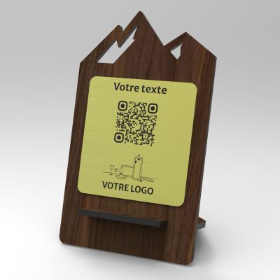 Présentoir noyer laiton montagne - Support QR Code en bois pour restaurant