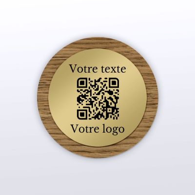 Plaque QR Code - Rond - Chêne + aspect laiton - QR Code en bois