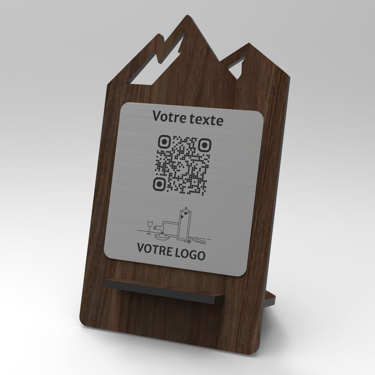 Présentoir noyer inox montagne - Support QR Code en bois pour restaurant