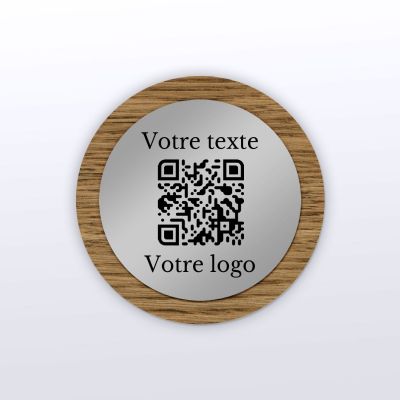 Plaque QR Code - Rond - Chêne + aspect inox - QR Code en bois