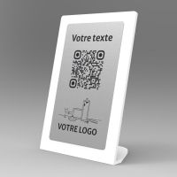 Présentoir incliné blanc aspect inox rectangle - Support QR Code en plexiglass pour restaurant