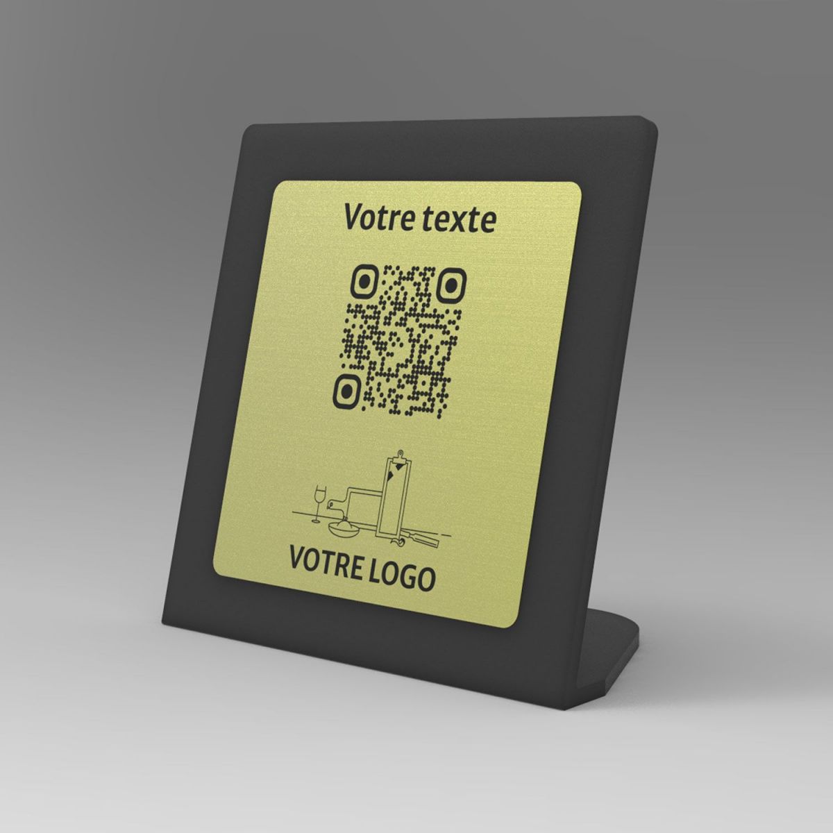 Présentoir incliné noir aspect laiton carré - Support QR Code en plexiglass pour restaurant