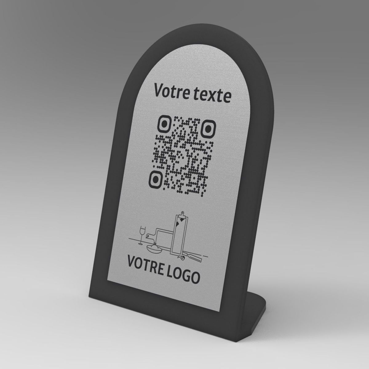 Présentoir incliné noir aspect inox arrondi - Support QR Code en plexiglass pour restaurant