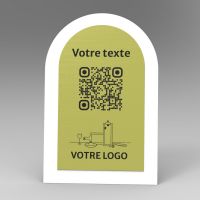 Présentoir incliné blanc aspect laiton arrondi - Support QR Code en plexiglass pour restaurant