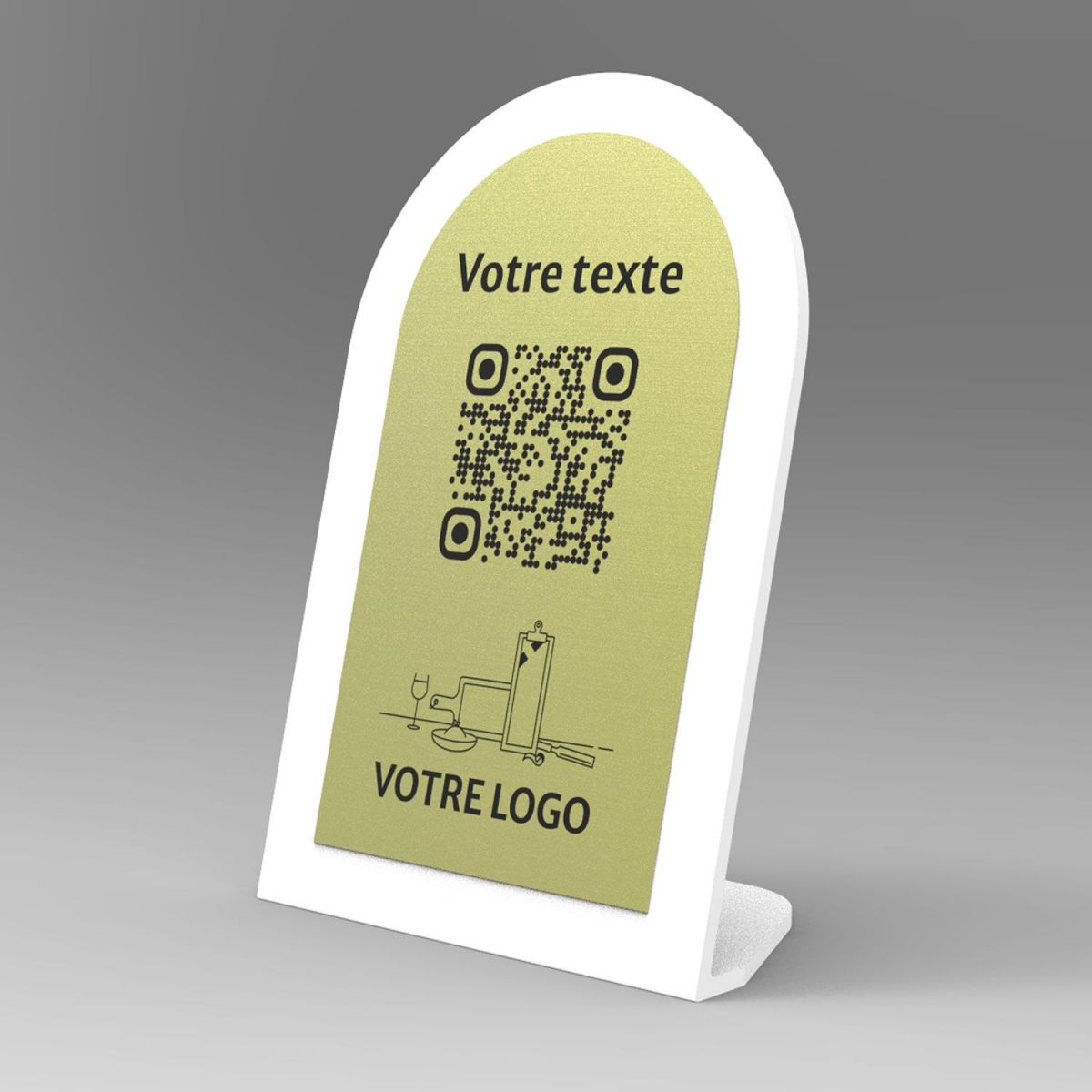 Présentoir incliné blanc aspect laiton arrondi - Support QR Code en plexiglass pour restaurant