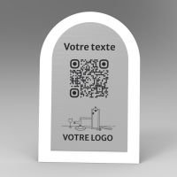 Présentoir incliné blanc aspect inox arrondi - Support QR Code en plexiglass pour restaurant