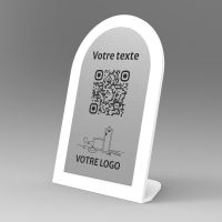 Présentoir incliné blanc aspect inox arrondi - Support QR Code en plexiglass pour restaurant