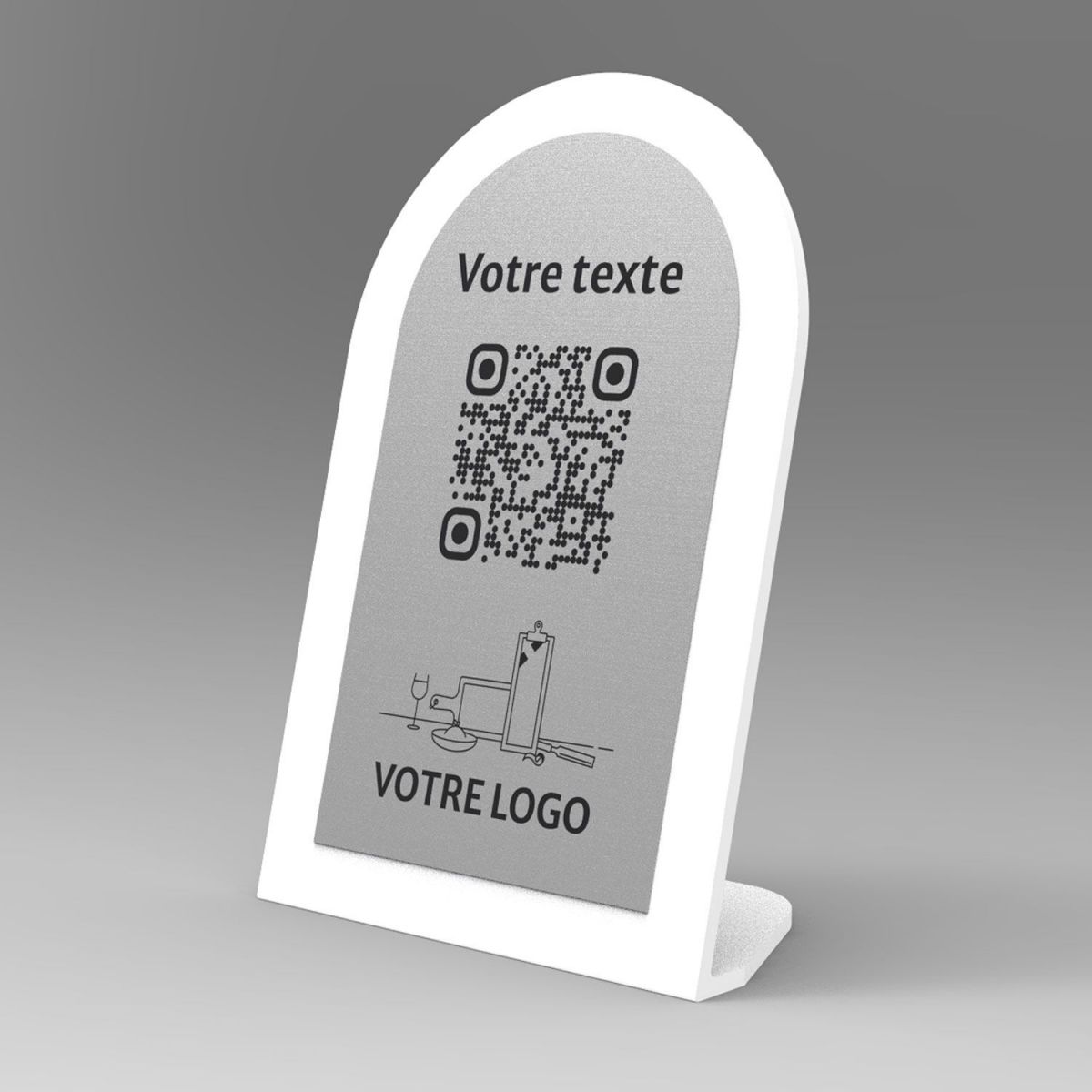 Présentoir incliné blanc aspect inox arrondi - Support QR Code en plexiglass pour restaurant