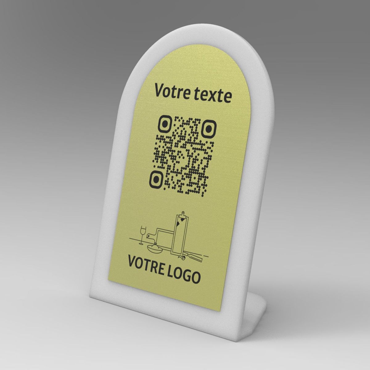 Présentoir incliné givré aspect laiton arrondi - Support QR Code en plexiglass pour restaurant