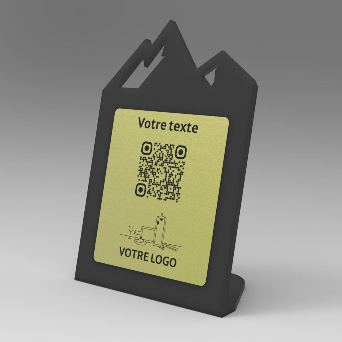 Présentoir incliné noir aspect laiton montagne - Support QR Code en plexiglass pour restaurant