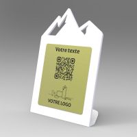 Présentoir incliné blanc aspect laiton montagne - Support QR Code en plexiglass pour restaurant