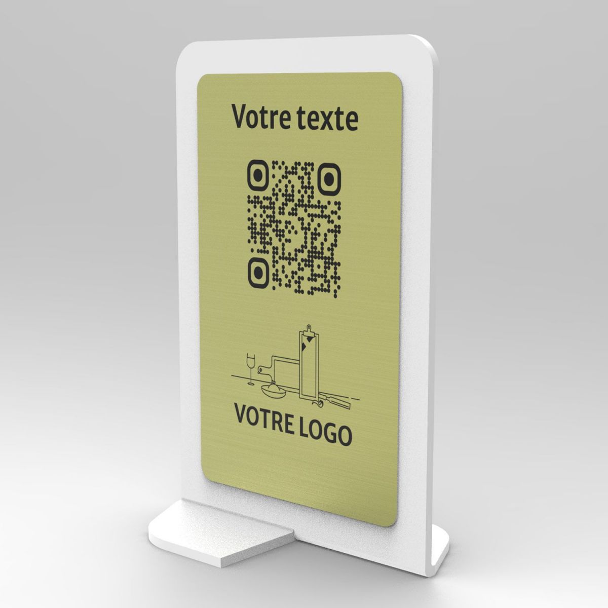 Présentoir vertical blanc aspect laiton rectangle - Support QR Code en plexiglass pour restaurant