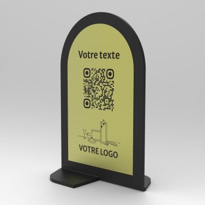 Présentoir vertical noir aspect laiton arrondi - Support QR Code en plexiglass pour restaurant