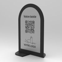 Présentoir vertical noir aspect inox arrondi - Support QR Code en plexiglass pour restaurant