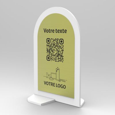 Présentoir vertical blanc aspect laiton arrondi - Support QR Code en plexiglass pour restaurant