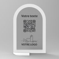 Présentoir vertical blanc aspect inox arrondi - Support QR Code en plexiglass pour restaurant