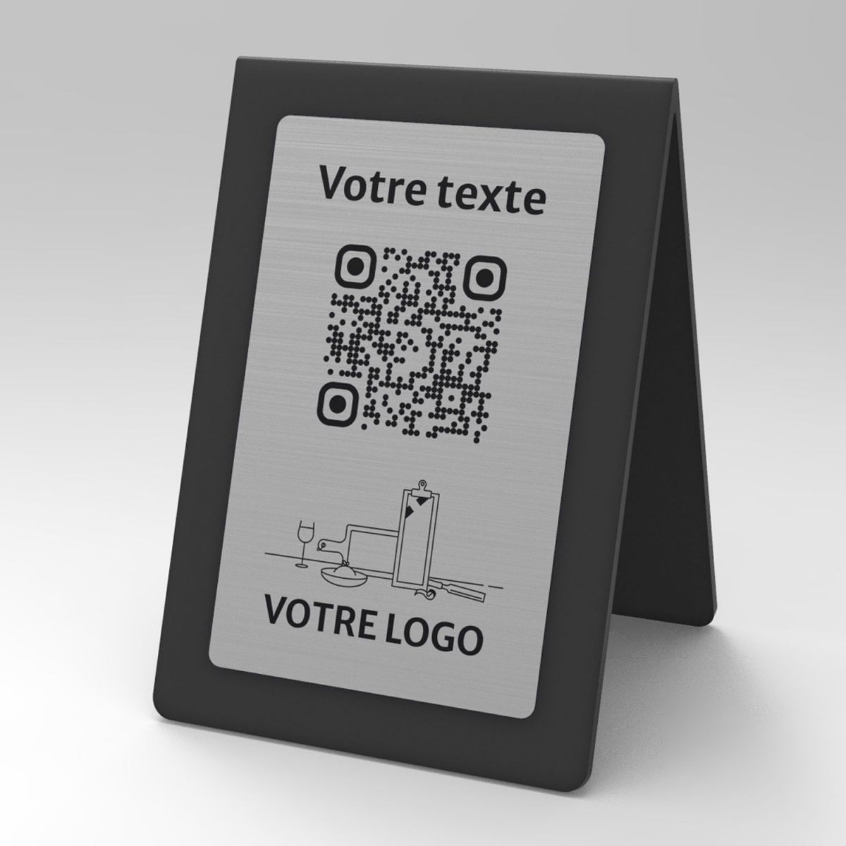 Présentoir chevalet noir aspect inox rectangle - Support QR Code en plexiglass pour restaurant