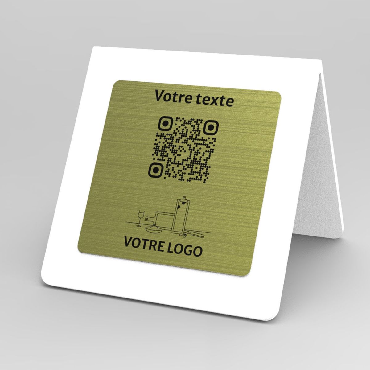 Présentoir chevalet blanc aspect laiton carré - Support QR Code en plexiglass pour restaurant