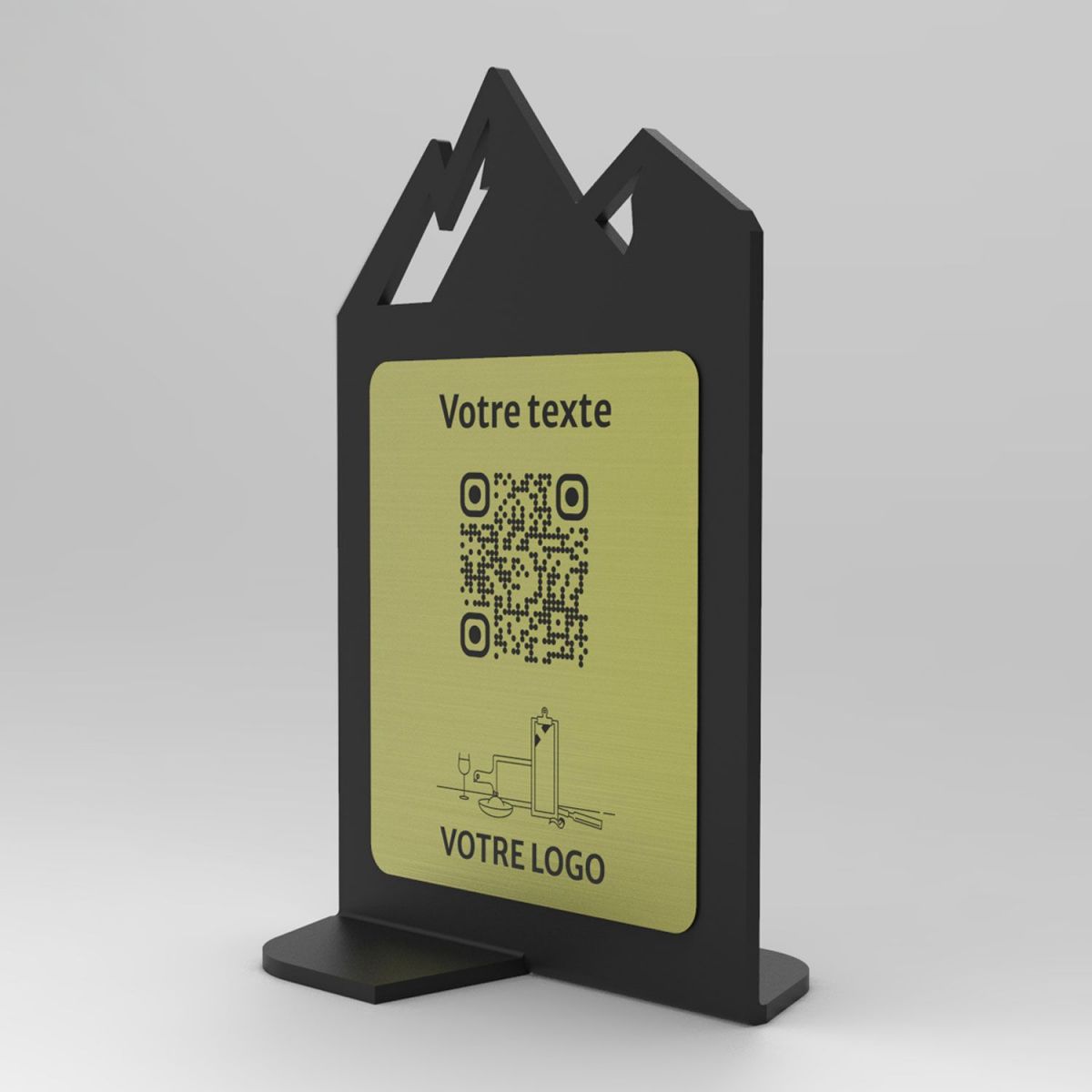 Présentoir vertical noir aspect laiton montagne - Support QR Code en plexiglass pour restaurant