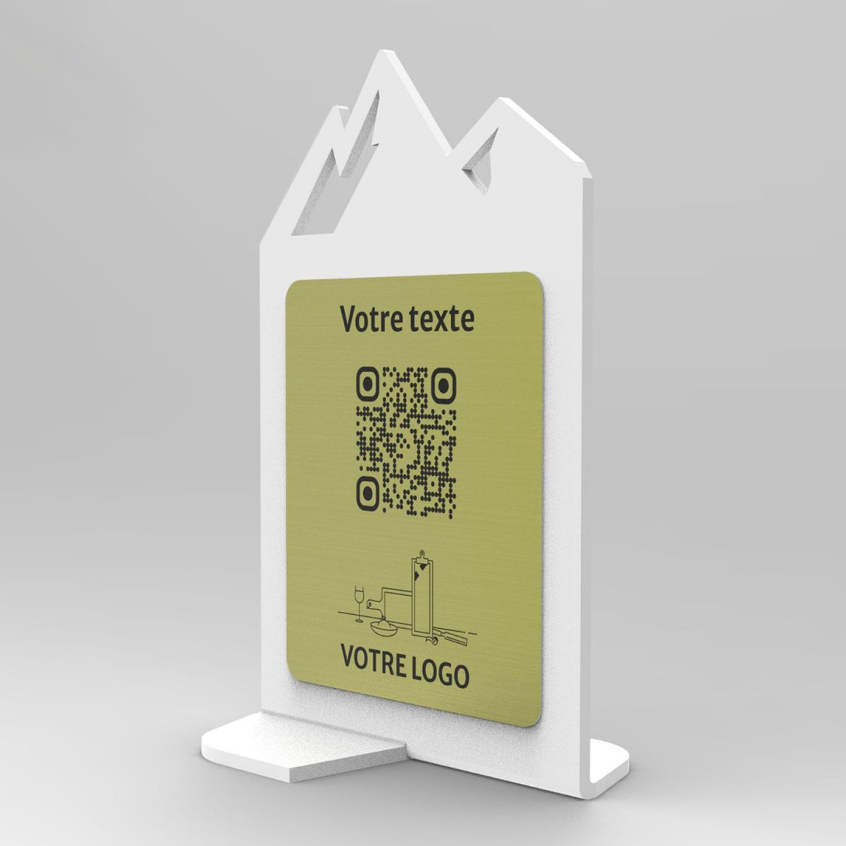 Présentoir vertical blanc aspect laiton montagne - Support QR Code en plexiglass pour restaurant