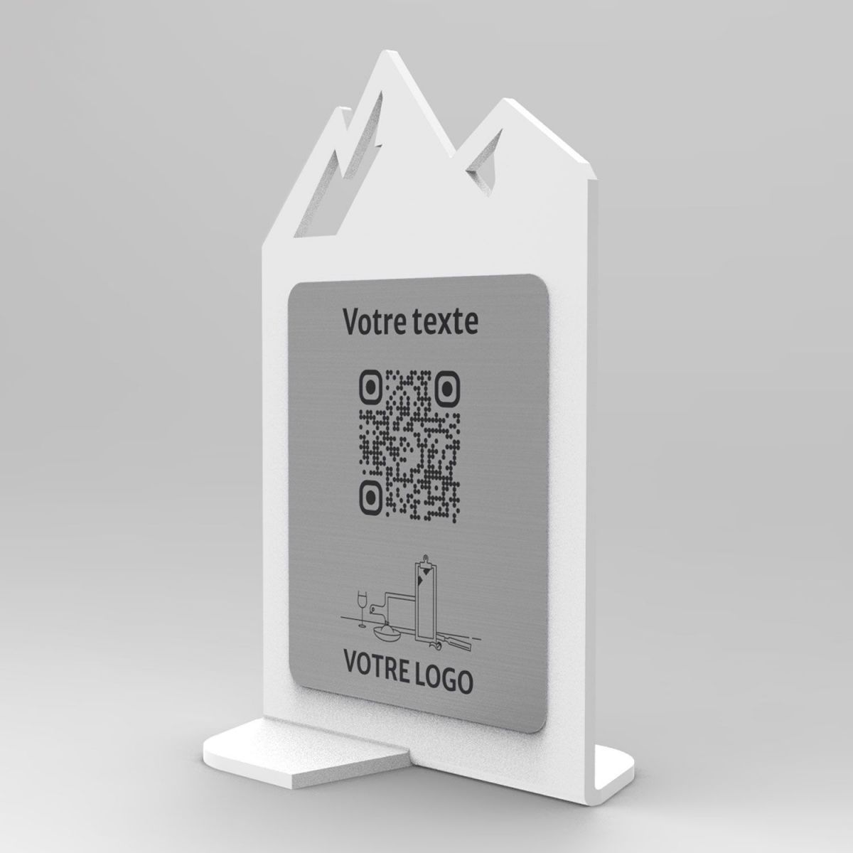 Présentoir vertical blanc aspect inox montagne - Support QR Code en plexiglass pour restaurant