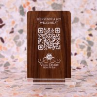 Chevalet noyer inox carré - Support QR Code pour restaurant