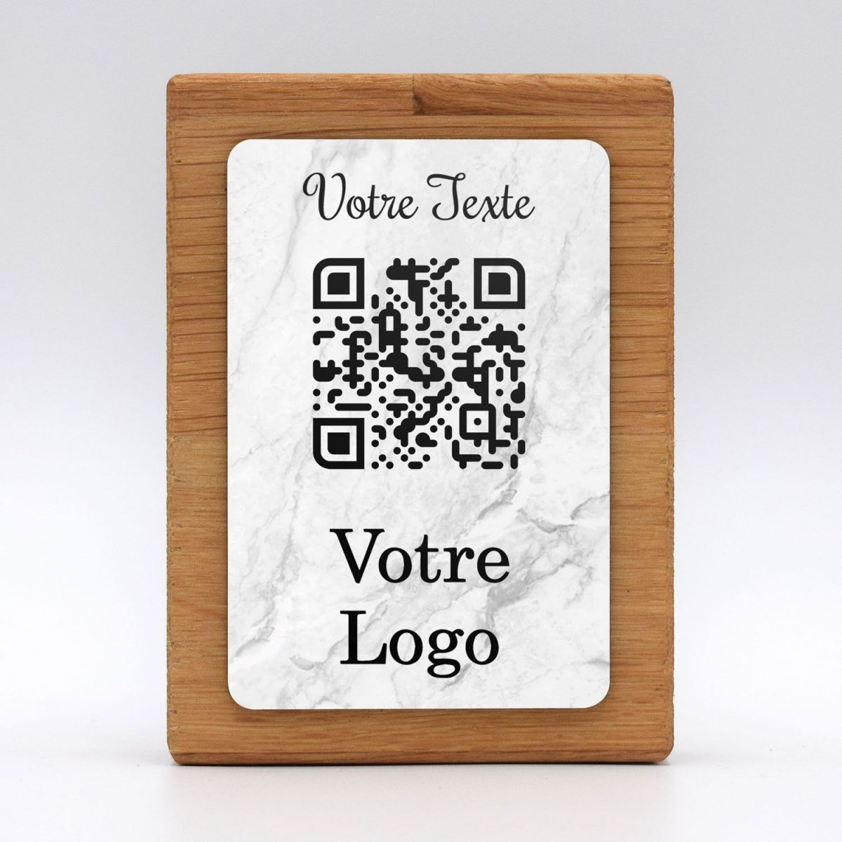 qr code totem rectangle en bois marbre blanc pour restaurant hôtel support chevalet plaque